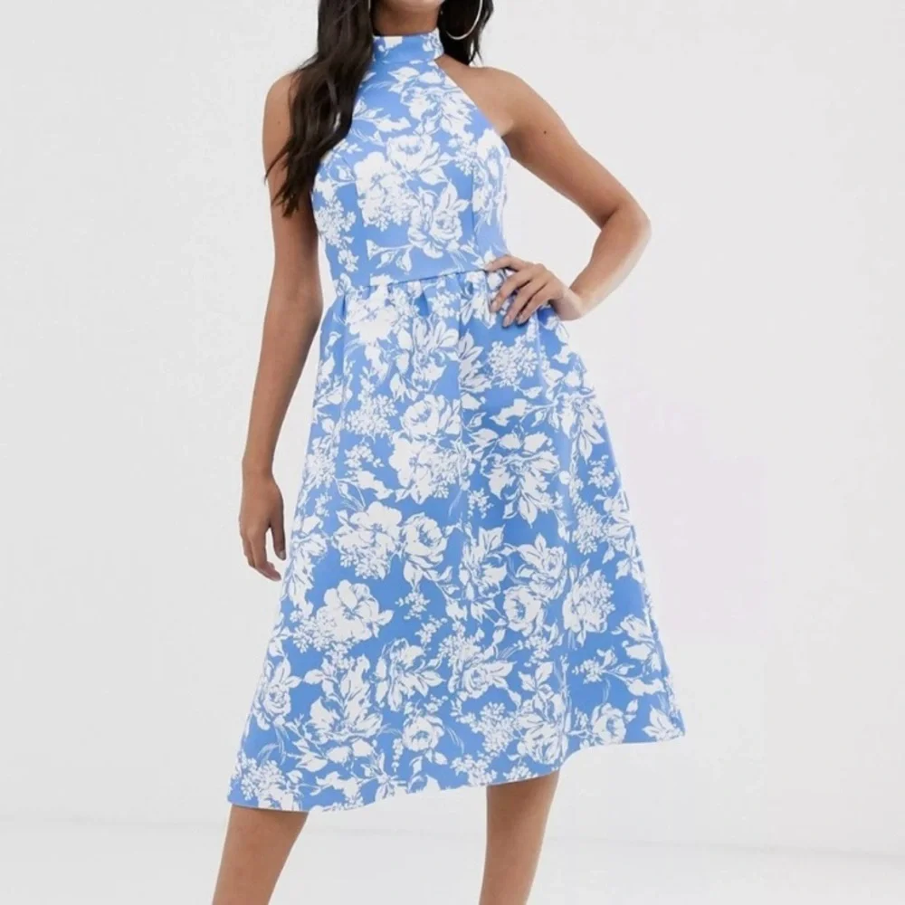 NWT ASOS Design Blue & White Floral Halter Midi Skater Fit & Flare Dress size 0 - Picture 1 of 10